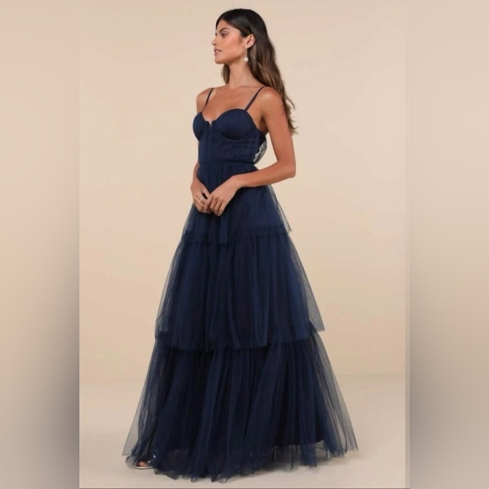 New Lulus Unforgettable Poise Navy Blue Tulle Bustier Tiered Gown Maxi Dress‎ XS